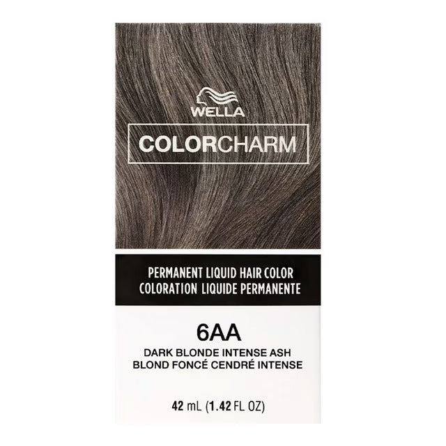 Product packaging for Wella ColorCharm Permanent Liquid Hair Color in shade 6AA Dark Blonde Intense Ash (42 mL / 1.42 FL OZ). The white rectangular box features a graphic of ash-blonde hair at the top, the Wella logo, and the bold "COLORCHARM" brand name. The lower section displays the shade name and number clearly against a white background.