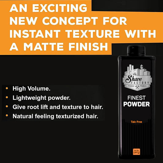 THE SHAVE FACTORY FINEST POWDER - 14 OZ Talc THE SHAVE FACTORY for sacramento, california, barbers, hair stylist, cosmetologist, beauty industry