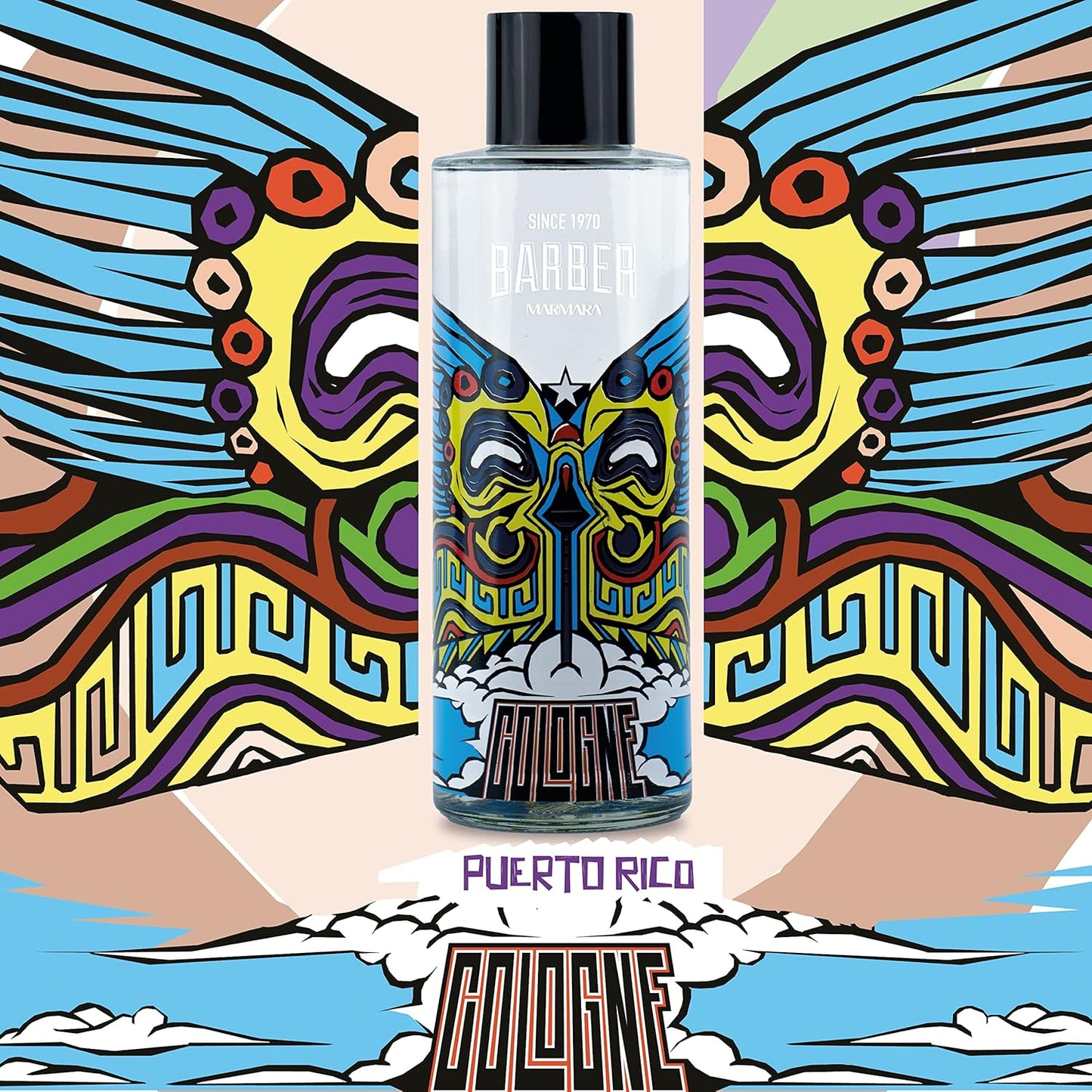 Cologne bottle with colorful label on a abstract design background