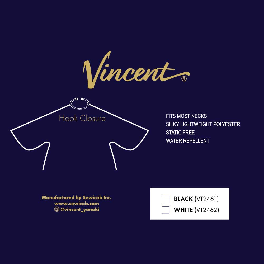 Sewicob Vincent Arm Free Wing Suite Haircutting Cape product specifications infographic featuring hook closure, silky lightweight polyester, static free, and water repellent properties