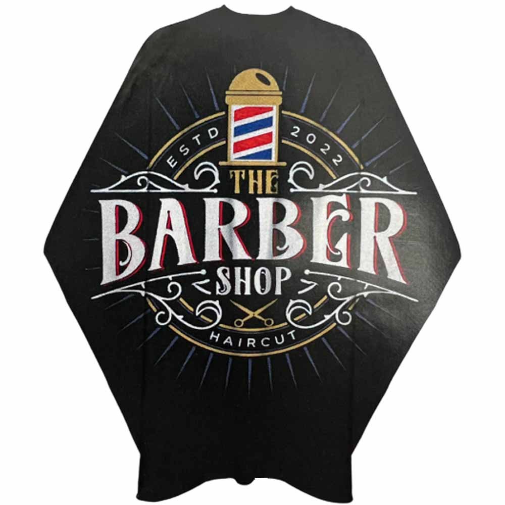 The Shave Factory XXL Barber Cape featuring a circular vintage Barbershop Haircut logo print front view