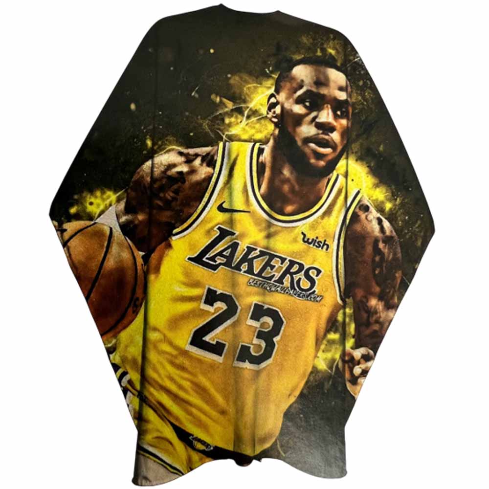 The Shave Factory XXL Premium Barber Haircutting Cape with Yellow and Purple Lakers Design
