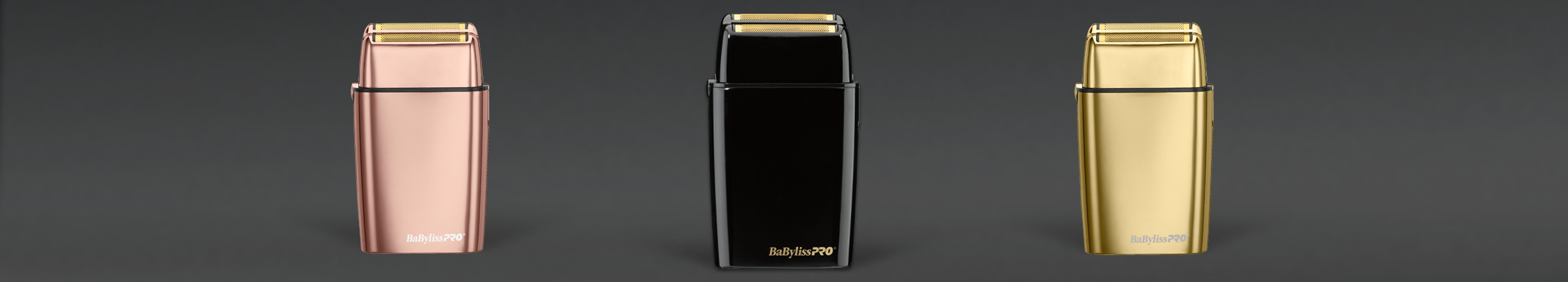 Three babylisspro metallic shavers in rose gold, black, and gold on a dark background