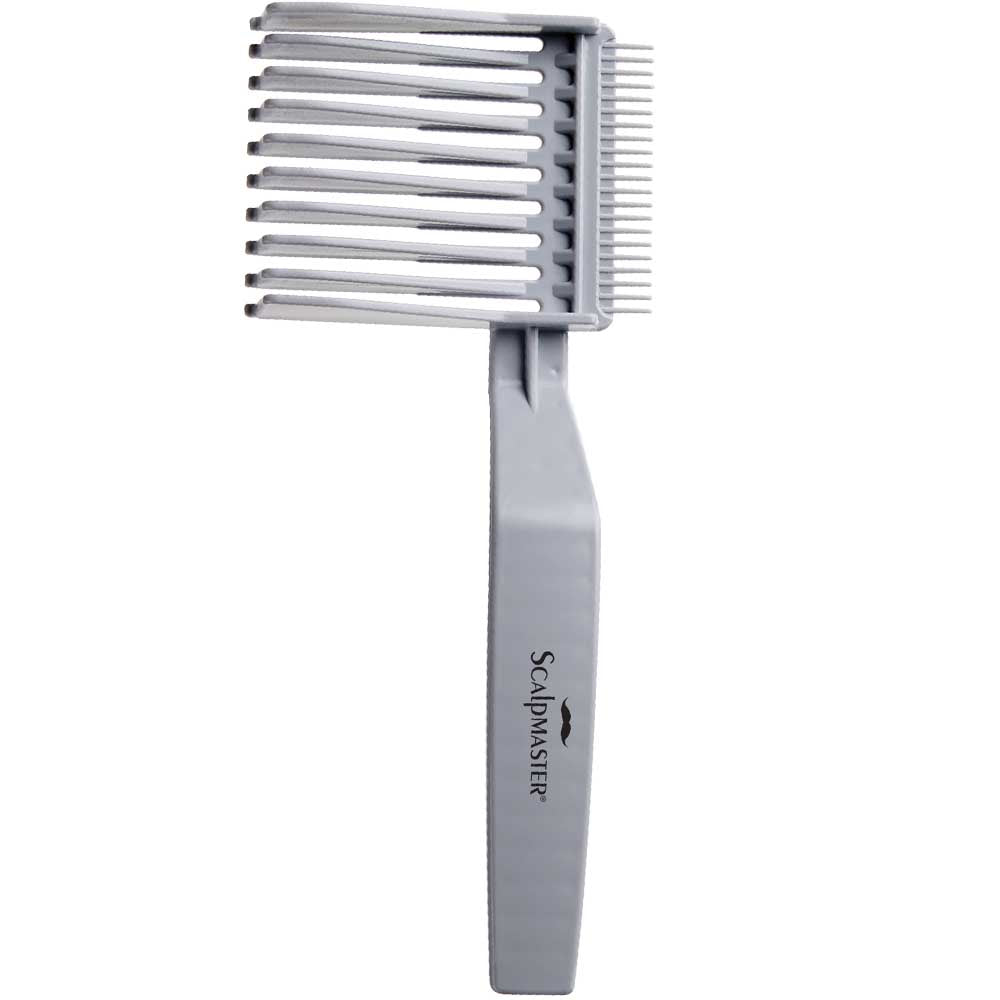 A gray plastic hair comb extension tool with multiple fine teeth, shown vertically on a plain white background. The handle is printed with the brand name 'Scalpmaster'.