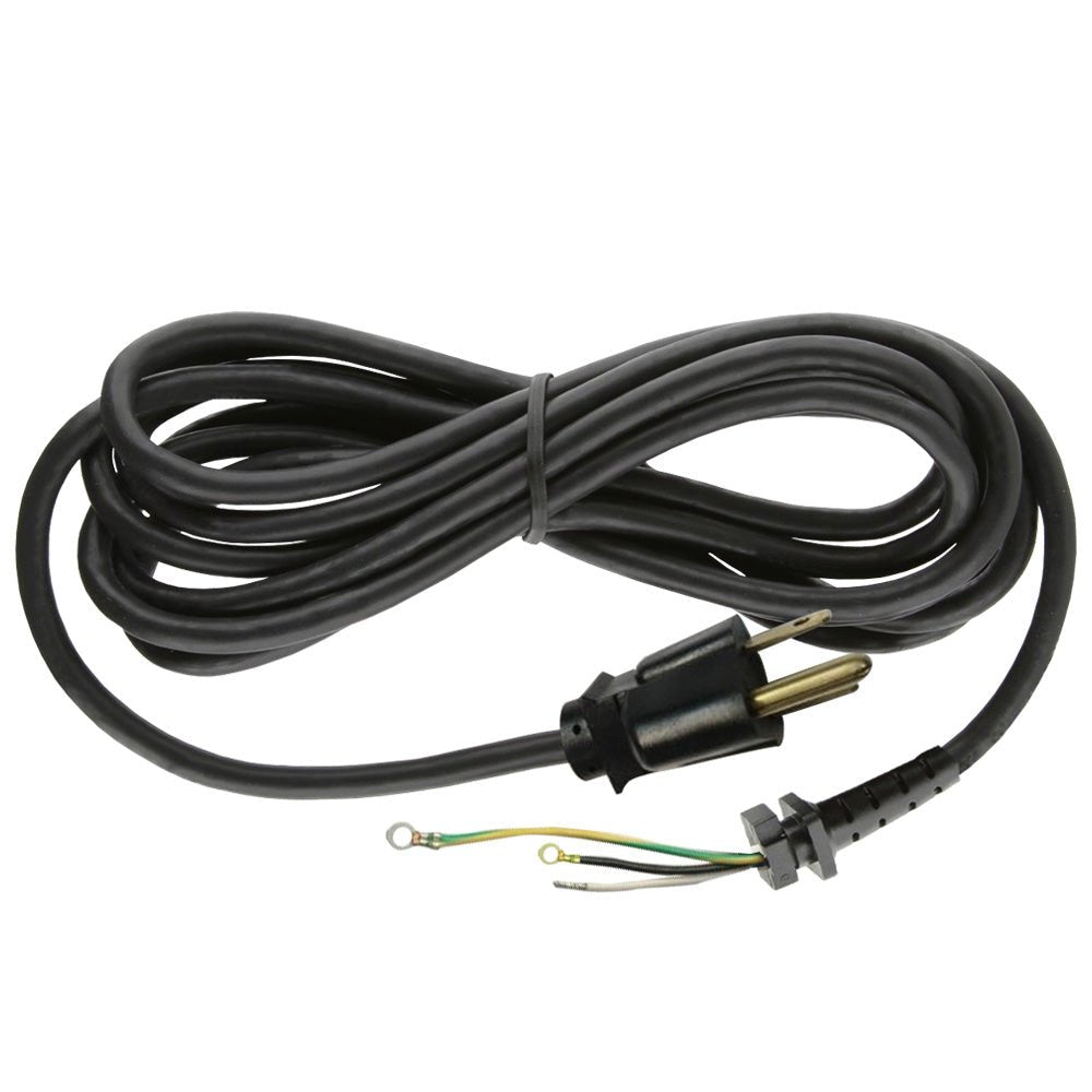 A coiled black 3-wire replacement power cord for a hair trimmer, featuring a standard two-prong electrical plug with a grounding pin on one end, a strain-relief molded rubber bushing along the cable, and three exposed stripped wire leads (black, white, and green/yellow) at the terminal end against a plain white background.