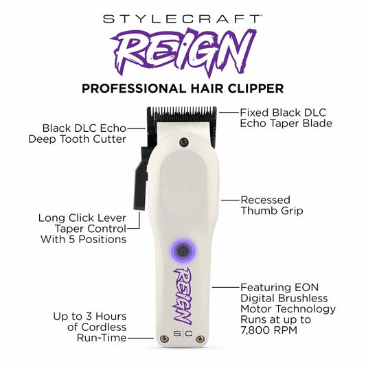 StyleCraft Reign clipper infographic highlighting the 7800 RPM EON digital brushless motor