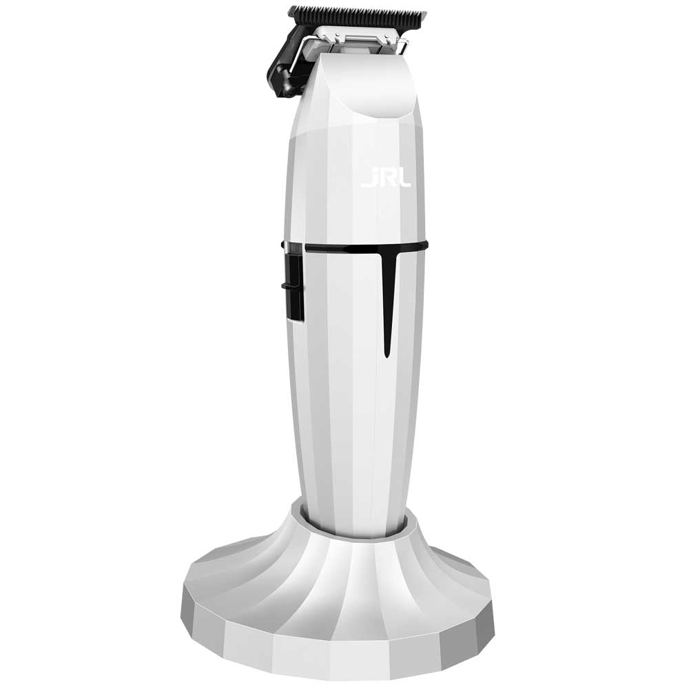 Matte white JRL Ghost barber detailing trimmer docked inside its cordless charging stand