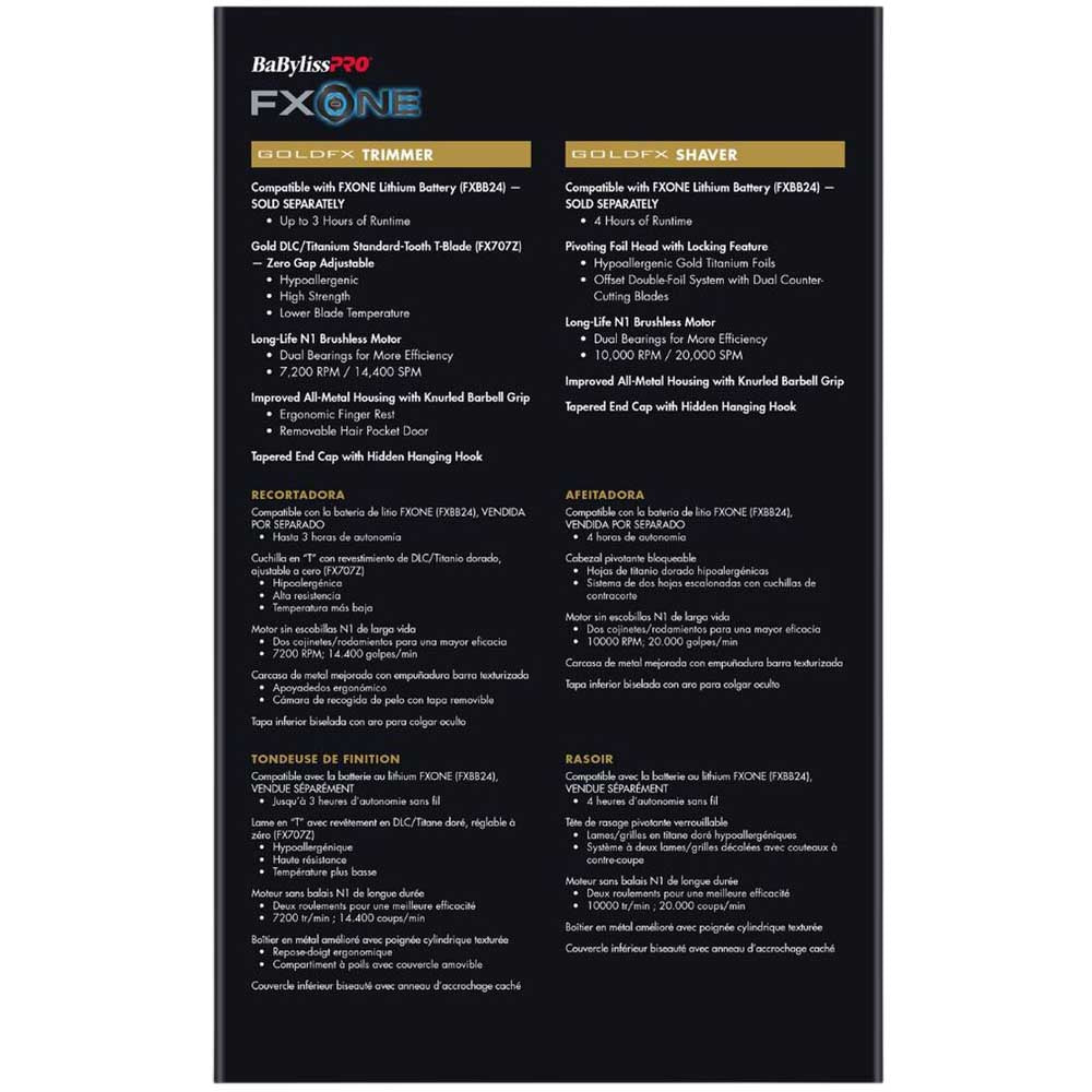 A black product compatibility and feature chart for the Rabbilyss Pro FX One Shaver, displaying specifications, features, and compatibility details in white and gold text.