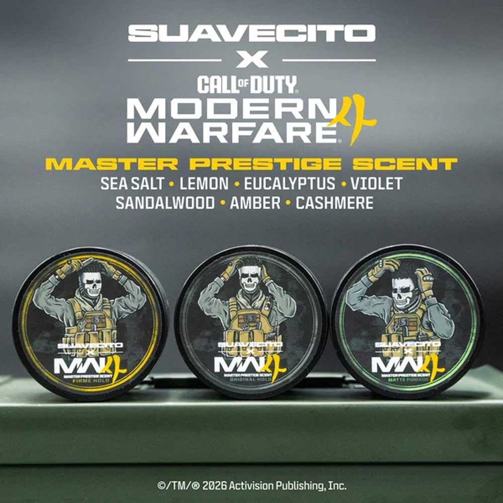 Three round fragrance oil bottles labeled Suavecito x Call of Duty: Modern Warfare Master Prestige Scent are displayed on a dark surface against a dark gray background, with product text and branding above them.