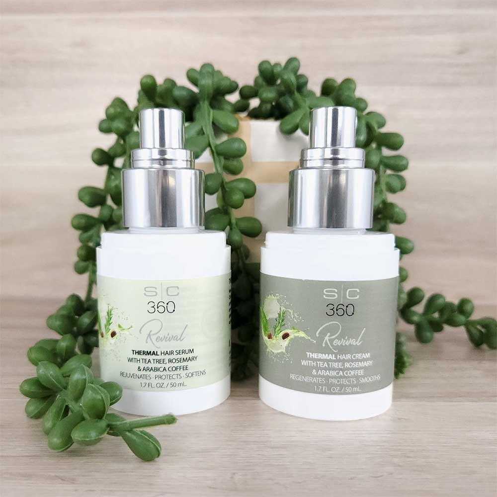 StyleCraft SC360 Revival Thermal Hair Cream and Serum 1.7 oz bottles displayed with rosemary plant elements