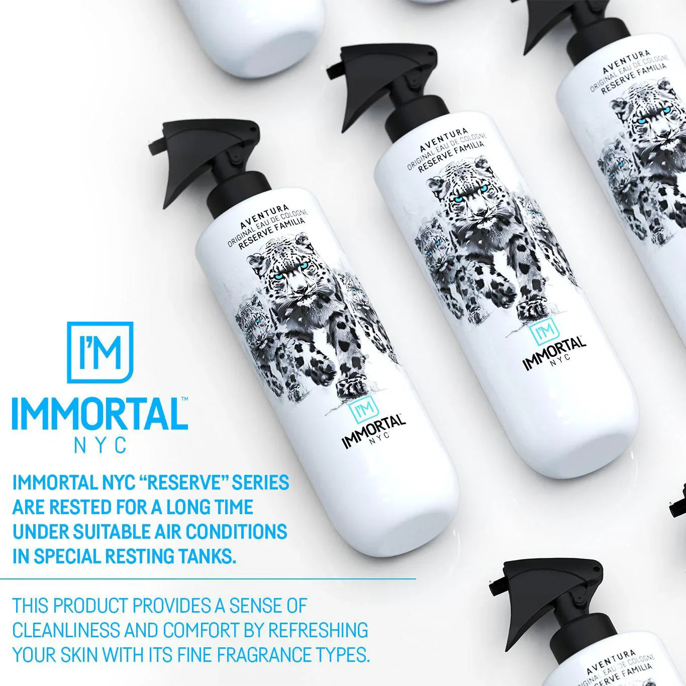 White bottles with black leopard designs and 'I'm Immortal NYC' branding on a white background.