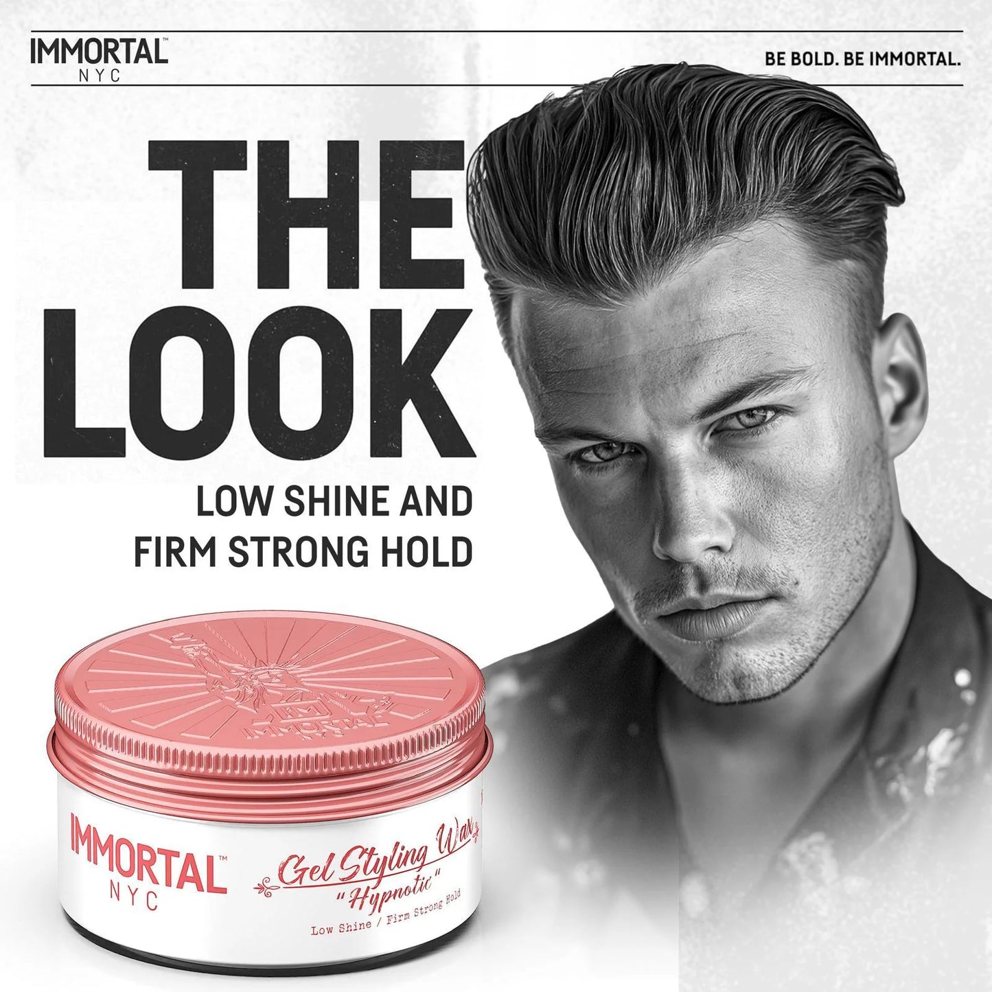 Advertisement for Immortal NYC hair product with a man and product packaging.