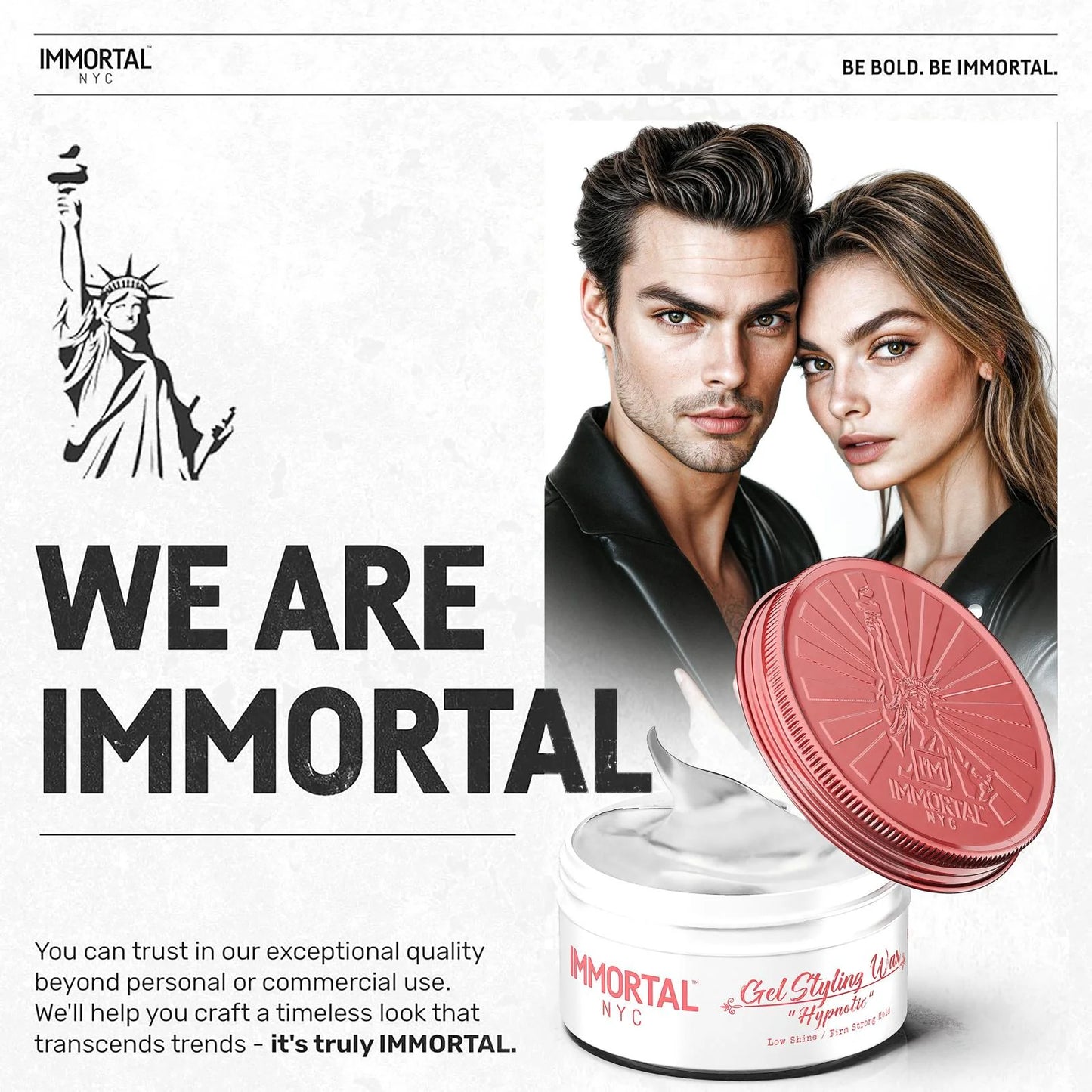 Advertisement for Immortal NYC with a man and woman, product packaging, and Statue of Liberty.