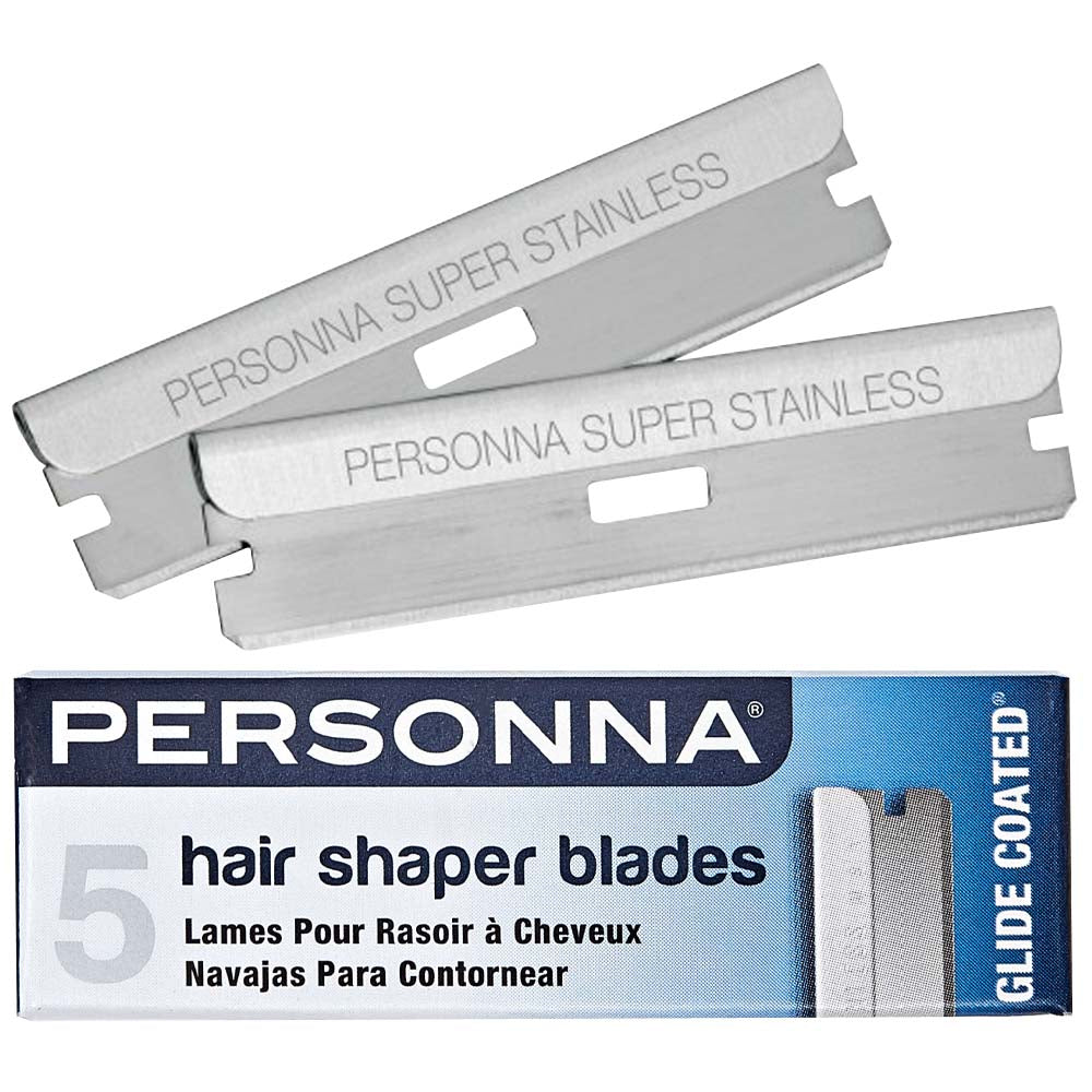 Two silver PERSONNA Super Stainless hair shaper blades with a blue and white PERSONNA retail box labeled '5 hair shaper blades' on a white background.