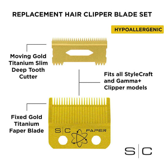 StyleCraft Fixed Gold Titanium Faper Clipper Blade with Moving Slim Deep Cutter Set component infographic