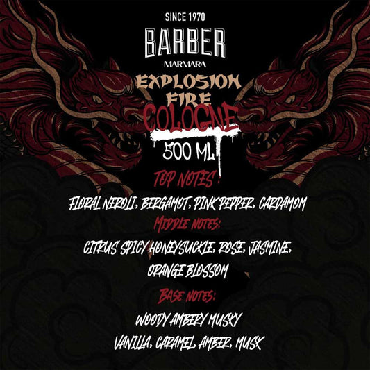 Barber Marmara cologne advertisement with dragon design on a dark background