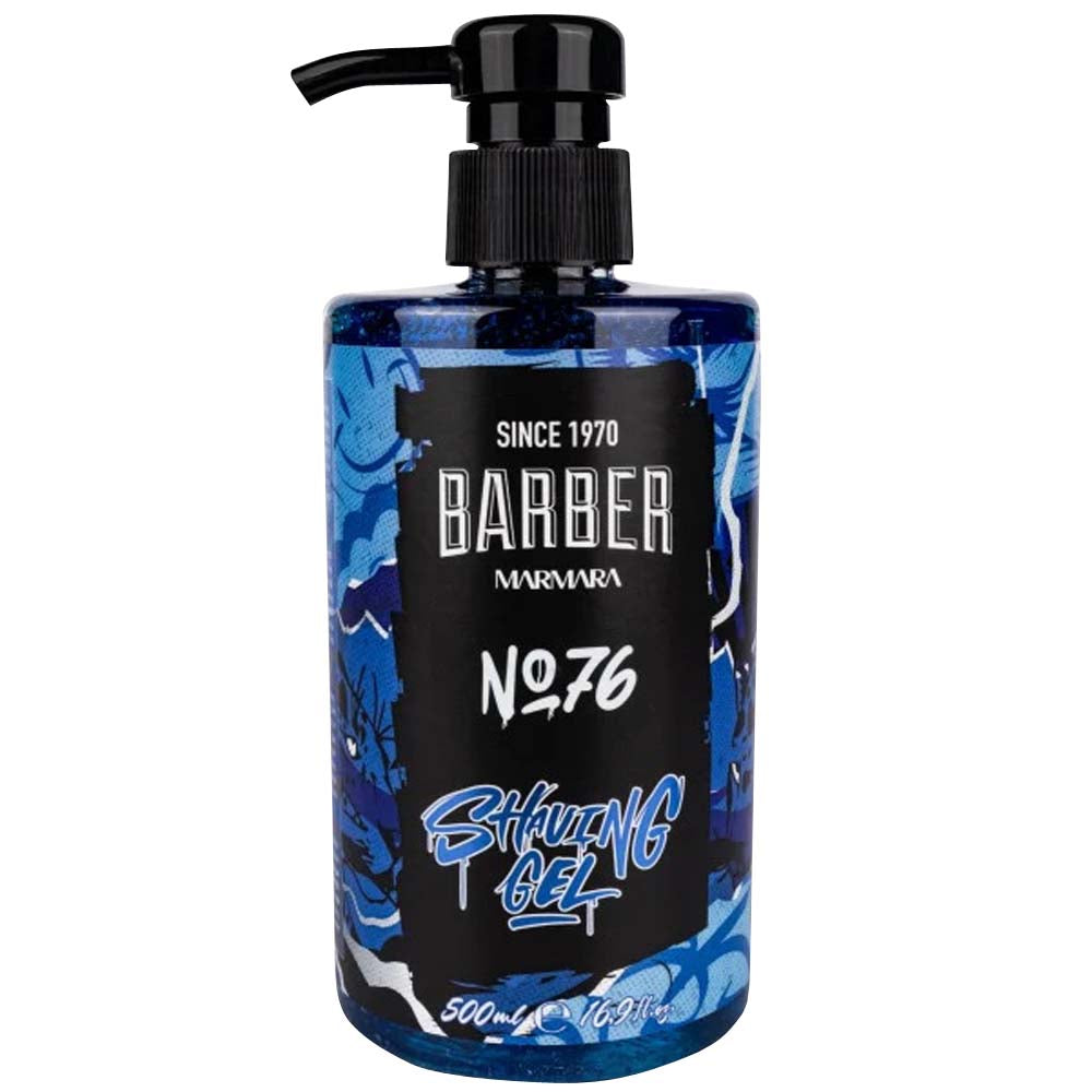 A bottle of Marmara Barber Shaving Gel #76 with a pump dispenser. The label is predominantly blue with white and black text, and it states that the product is for all skin types and has a size of 16.