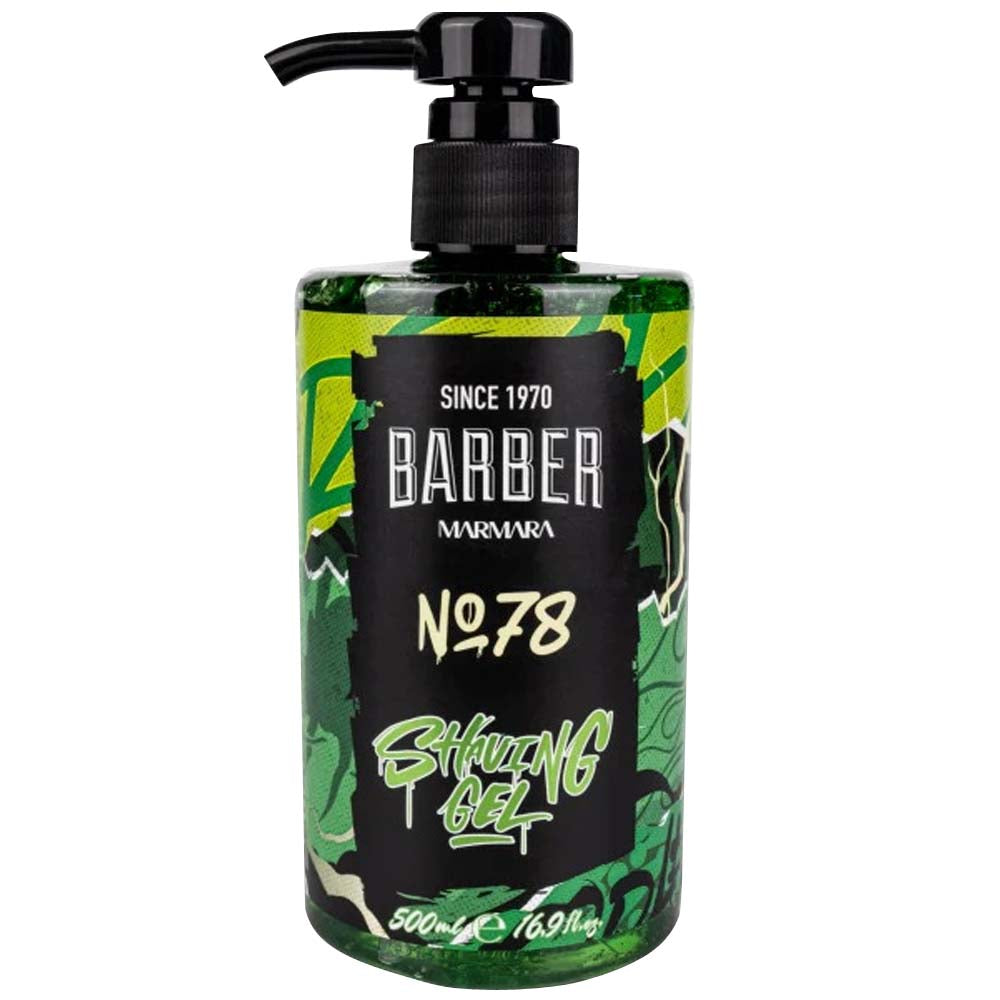 A bottle of Marmara Barber Shaving Gel with a pump dispenser, predominantly green in color with black and white text displaying the product number #78 and brand name.