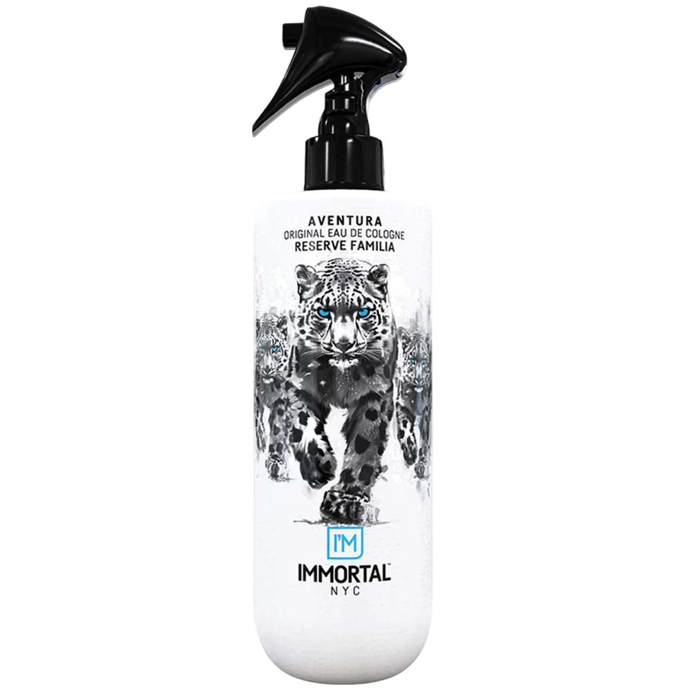White bottle with black spray nozzle featuring a leopard design and 'Immortal NYC' branding on a white background.