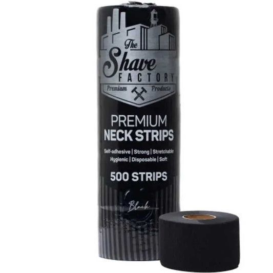 The Shave Factory Premium Black Neck Strips 500 count pack with a single roll displayed on a white background.