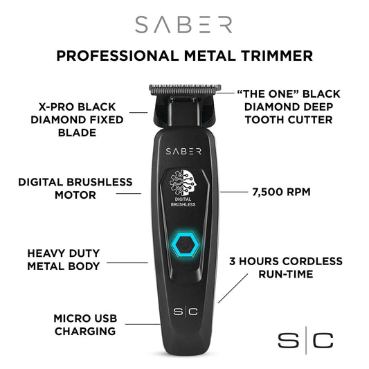 STYLECRAFT BRUSHLESS SABER METAL TRIMMER - BLACK Trimmer STYLECRAFT for sacramento, california, barbers, hair stylist, cosmetologist, beauty industry