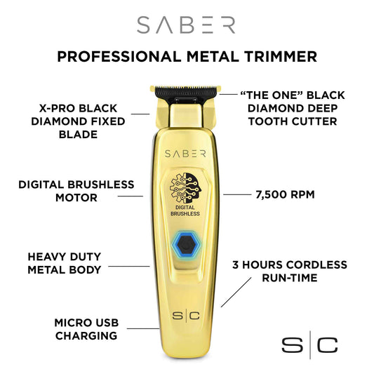 STYLECRAFT BRUSHLESS SABER METAL TRIMMER - GOLD Trimmer STYLECRAFT for sacramento, california, barbers, hair stylist, cosmetologist, beauty industry