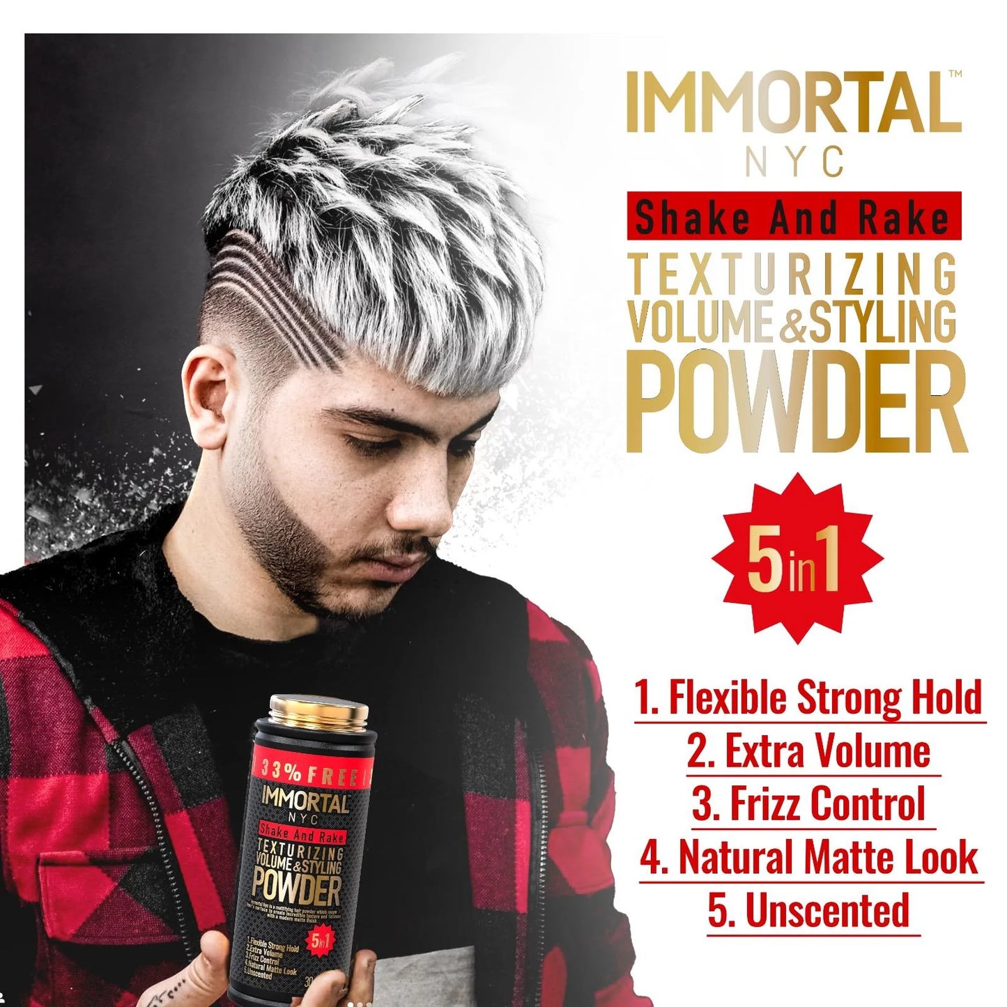 Advertisement for Immortal NYC shake and rake texturizing volume and styling powder with a man holding the product.