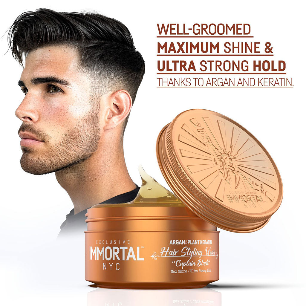 Hair styling wax container with a man's head and text about product features on a white background