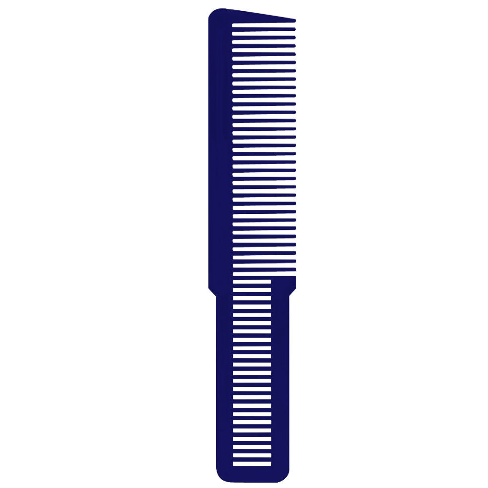 A clean, professional product studio shot showcasing a single, vibrant blue Wahl Clipper Styling Comb positioned vertically against a solid white background. The image highlights the comb's signature dual-texture design, featuring wide teeth on top and fine teeth on the lower handle for precise clipper work | BeauBar Supply
