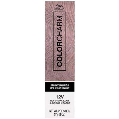 Wella Color Charm hair color packaging with pink hair swatch on a white background