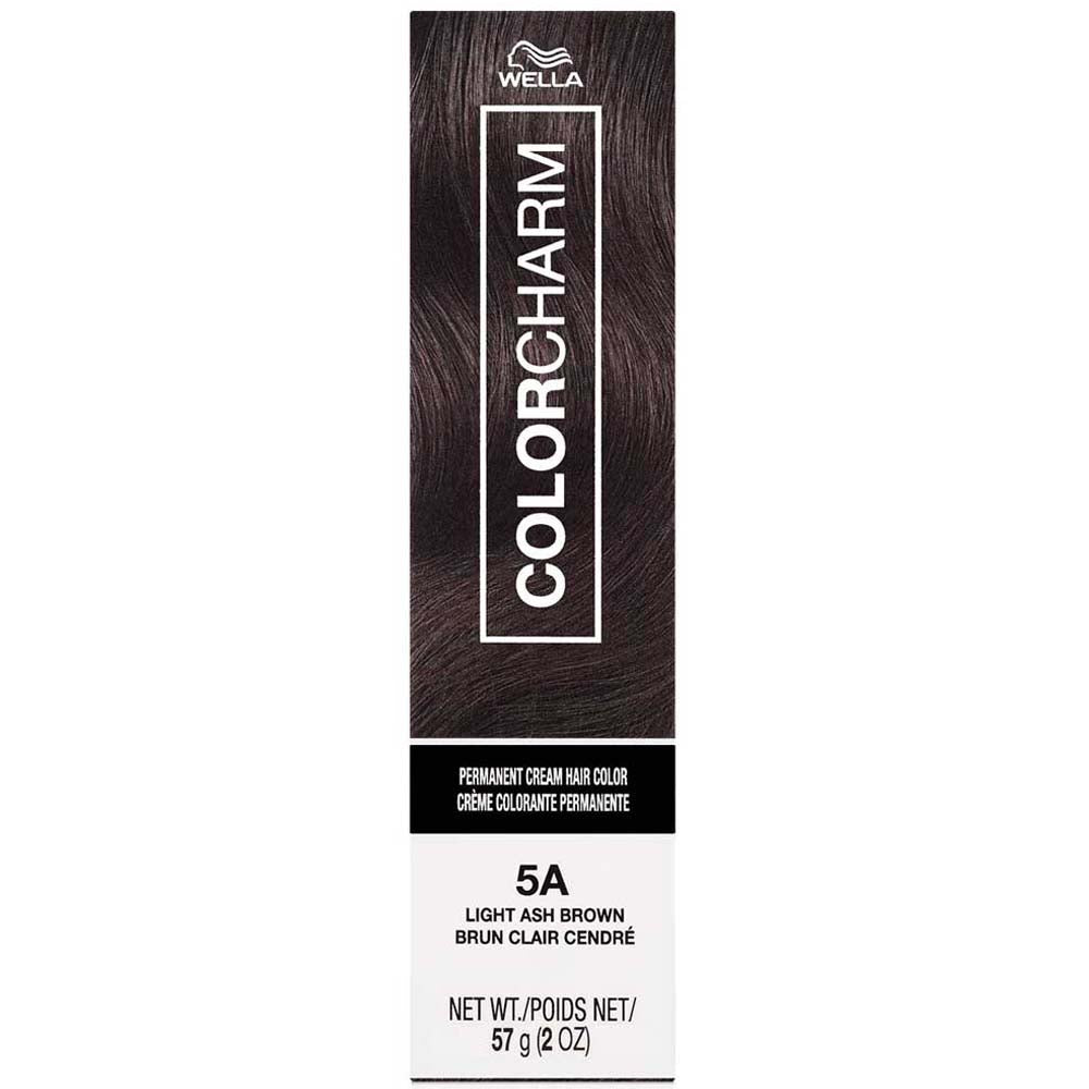 Wella Color Charm hair color packaging with dark brown hair swatch on a white background