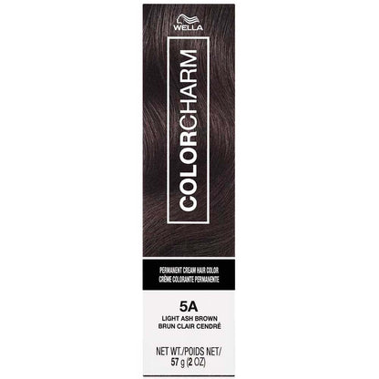 Wella Color Charm hair color packaging with dark brown hair swatch on a white background