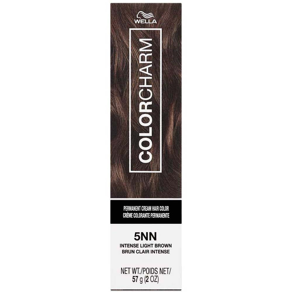 Wella Color Charm hair color packaging with brown hair sample on a white background