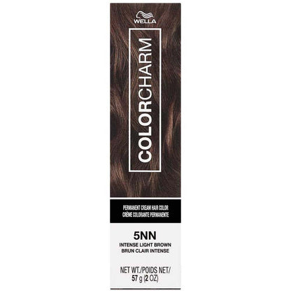 Wella Color Charm hair color packaging with brown hair sample on a white background