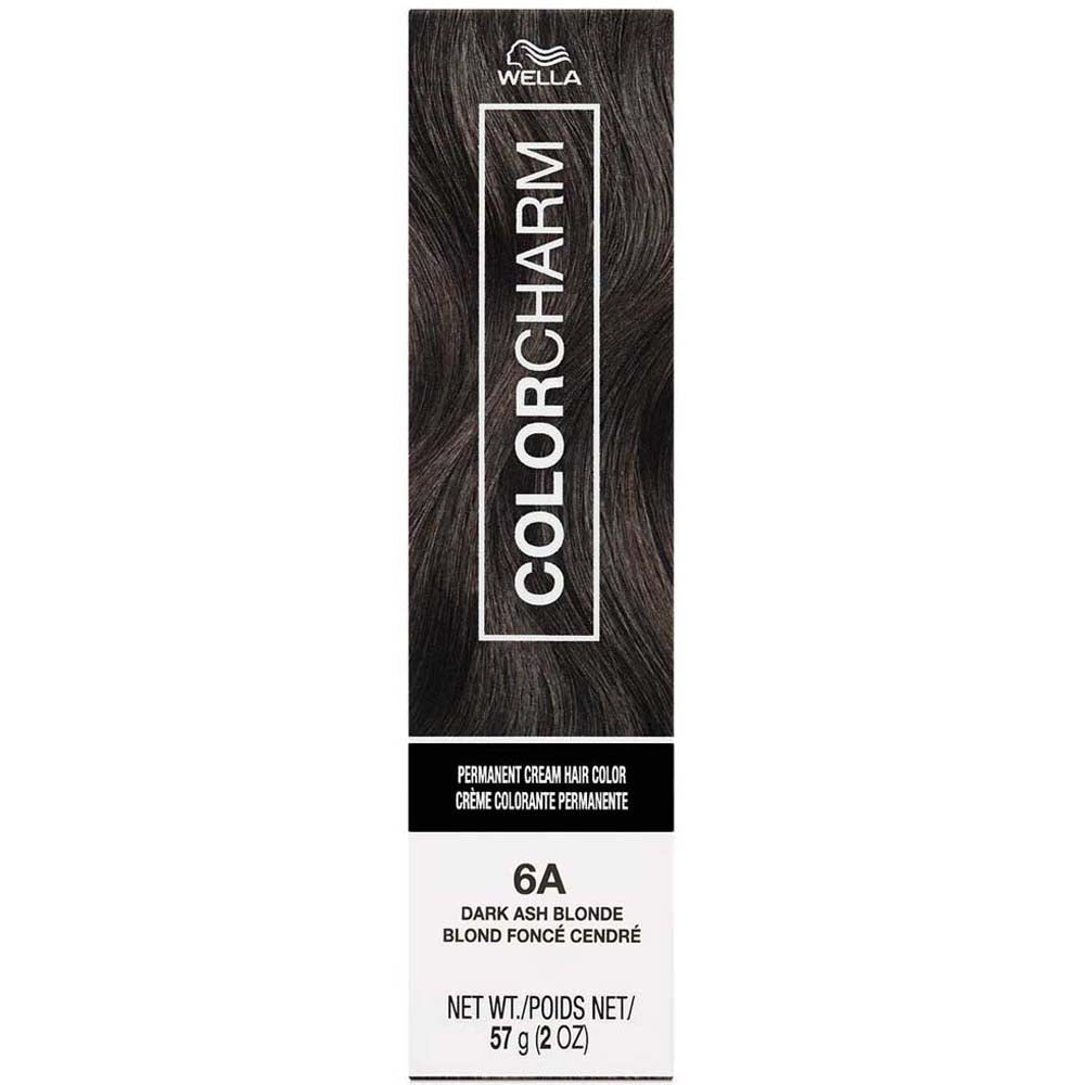 Wella Color Charm hair color packaging with dark brown hair sample on a white background