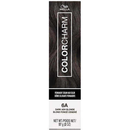 Wella Color Charm hair color packaging with dark brown hair sample on a white background