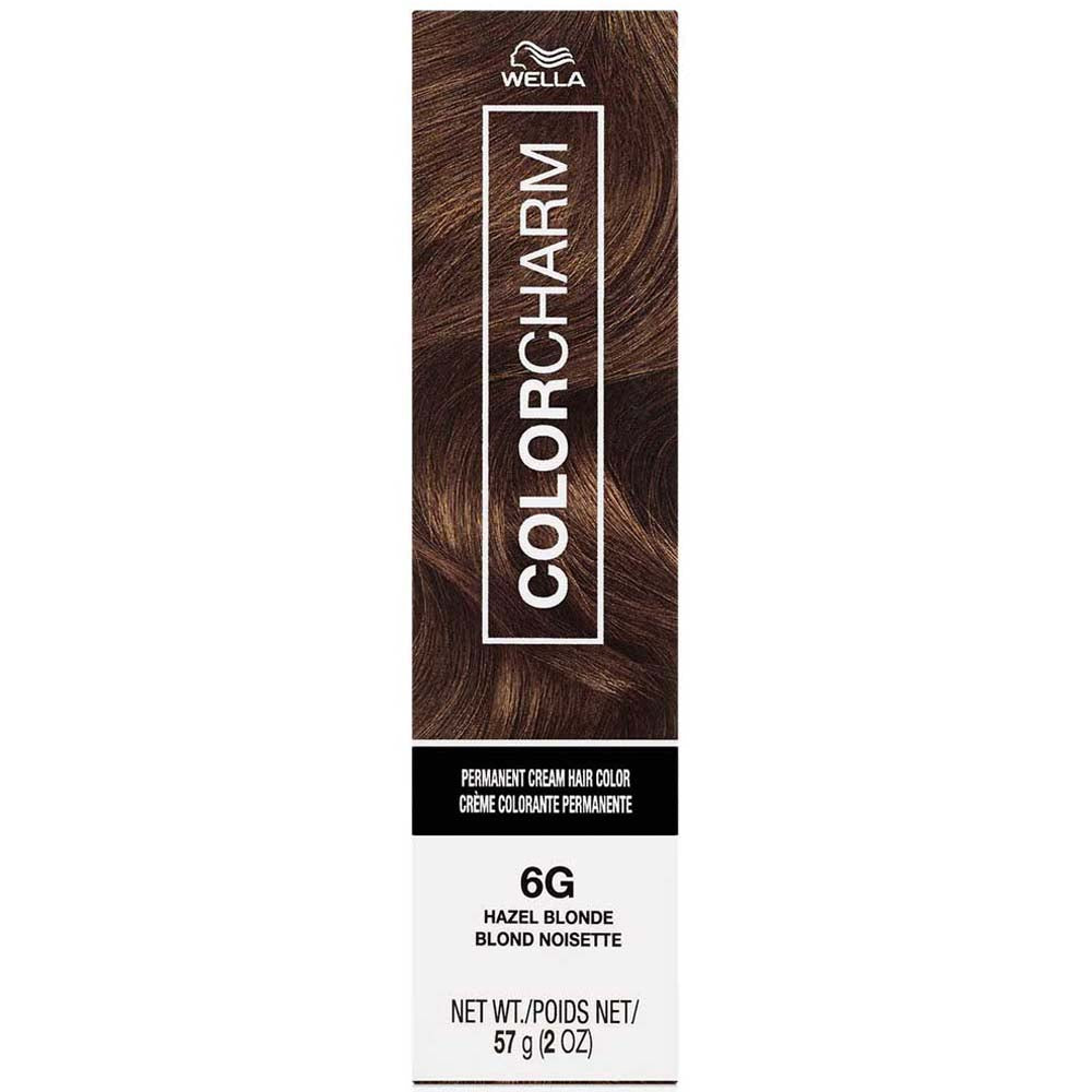 Wella Color Charm hair color box with brown hair sample on a white background