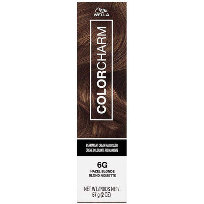 Wella Color Charm hair color box with brown hair sample on a white background