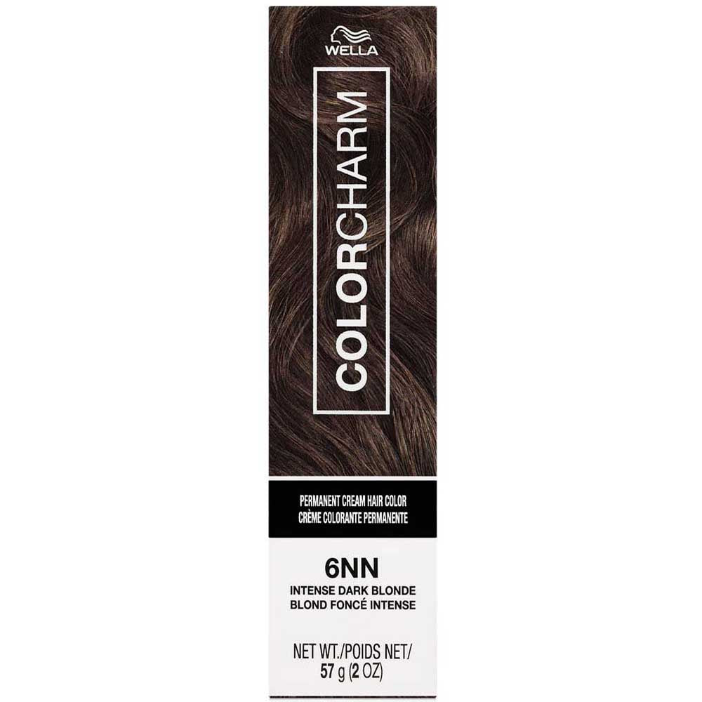 Wella Color Charm hair color packaging with brown hair sample on a white background