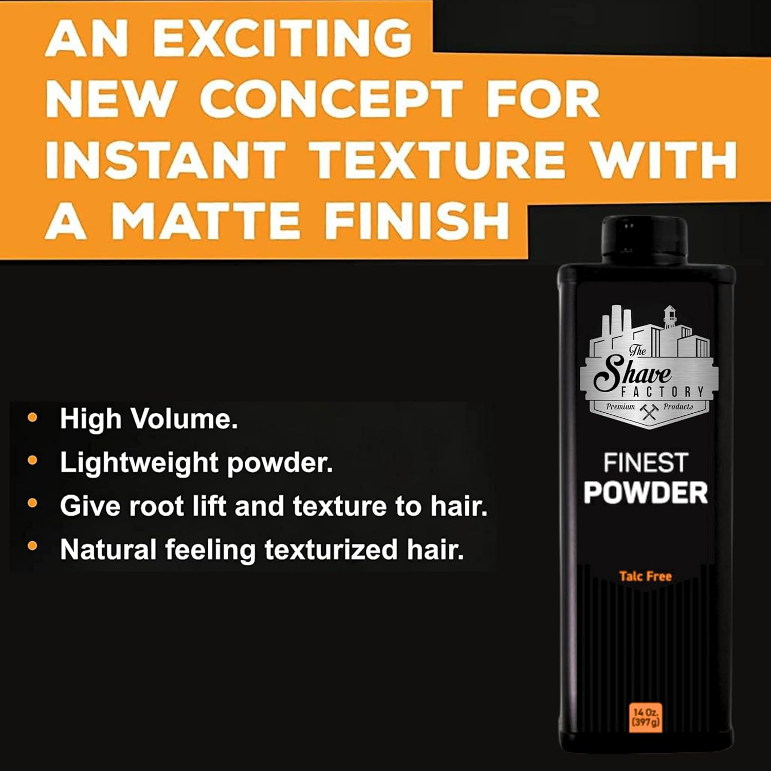 Advertisement for The Shave Factory Finest Powder with product details and branding.
