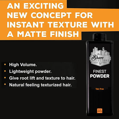Advertisement for The Shave Factory Finest Powder with product details and branding.