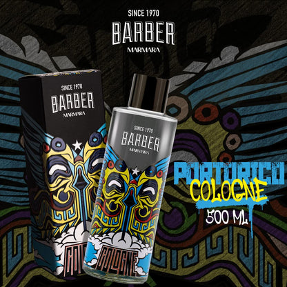 Barber Marmara cologne bottle and packaging with colorful design on a dark background