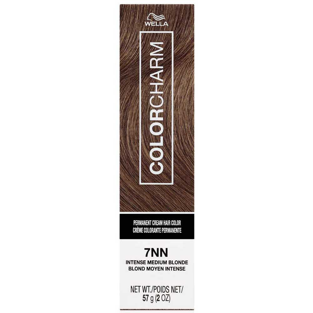 Wella Color Charm hair color box with brown hair sample on a white background