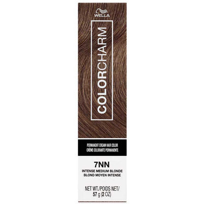 Wella Color Charm hair color box with brown hair sample on a white background