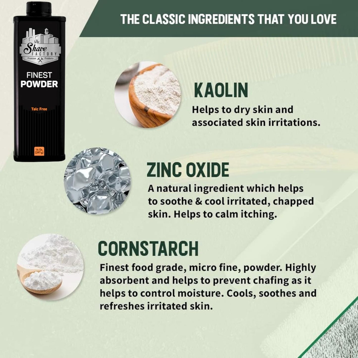 Product packaging with ingredients listed on a light green background