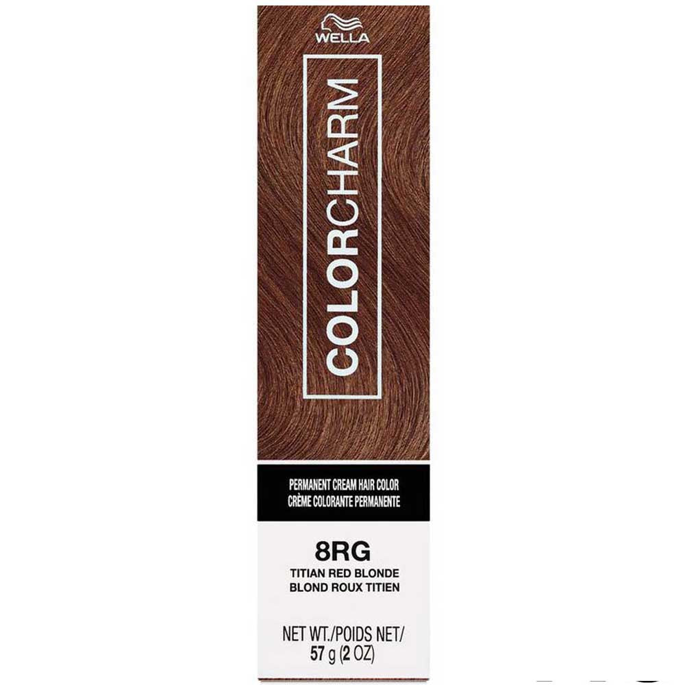Wella Color Charm hair color box with brown shade 8RG on a white background