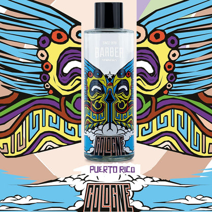 Cologne bottle with colorful label on a abstract design background
