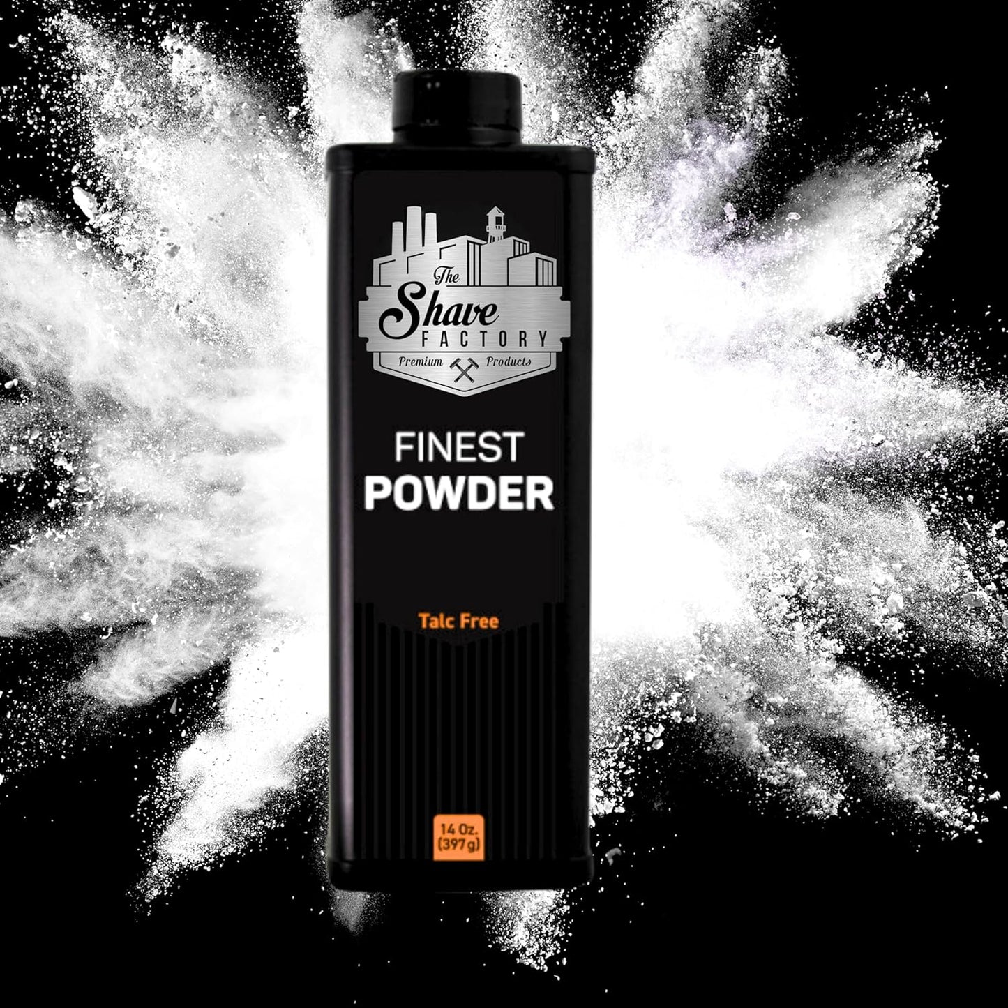Bottle of 'Finest Powder' from 'The Share Factory' with a black background and white powder effect.