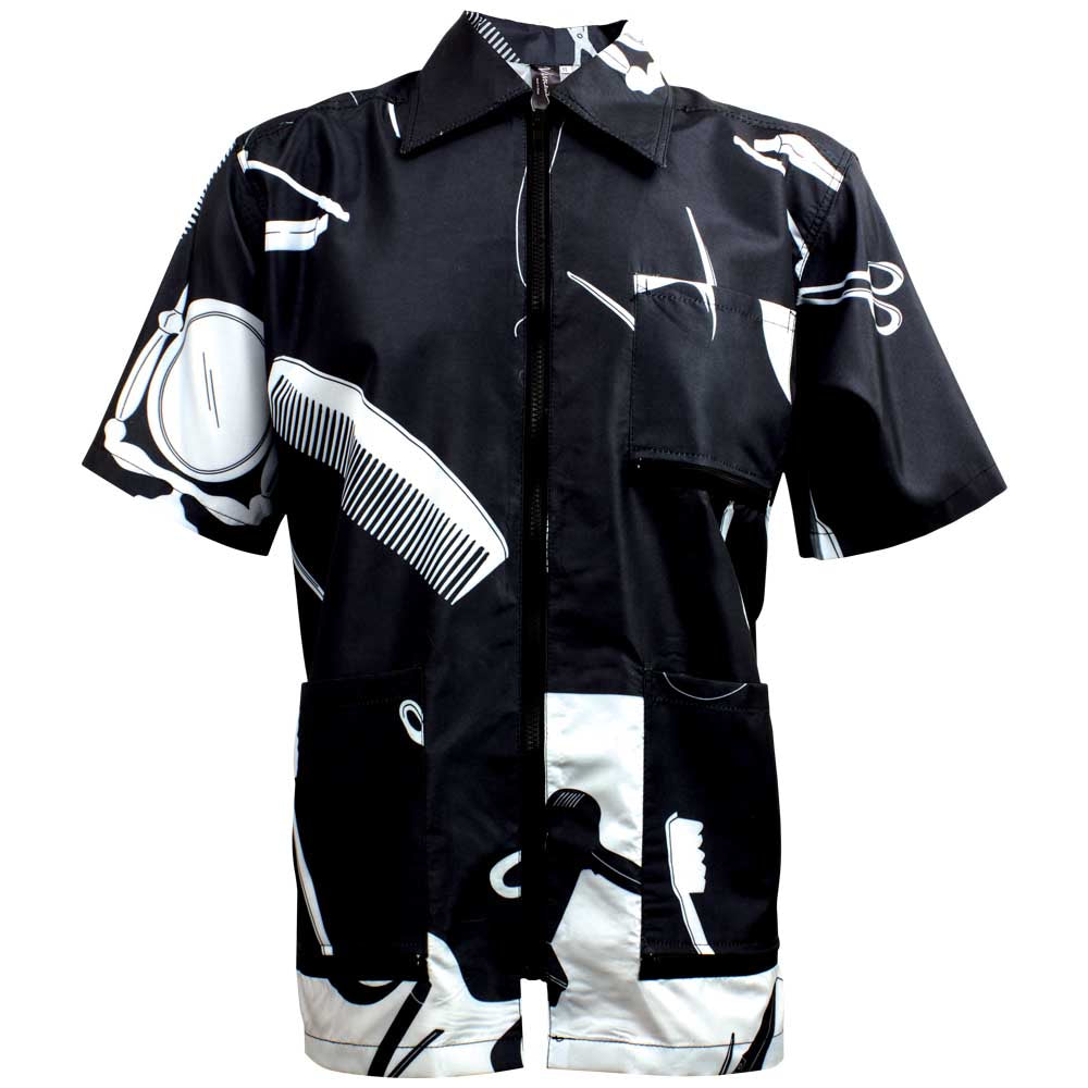 Sewicob Vincent Vintage Barber Jacket in black and white with retro graphic pattern and utility pockets