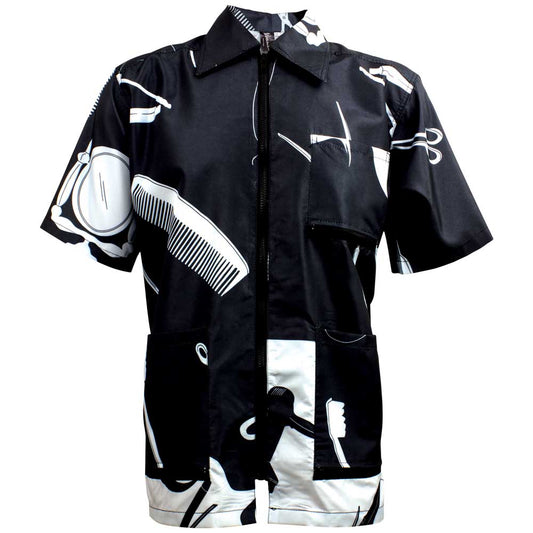 Sewicob Vincent Vintage Barber Jacket in black and white with retro graphic pattern and utility pockets